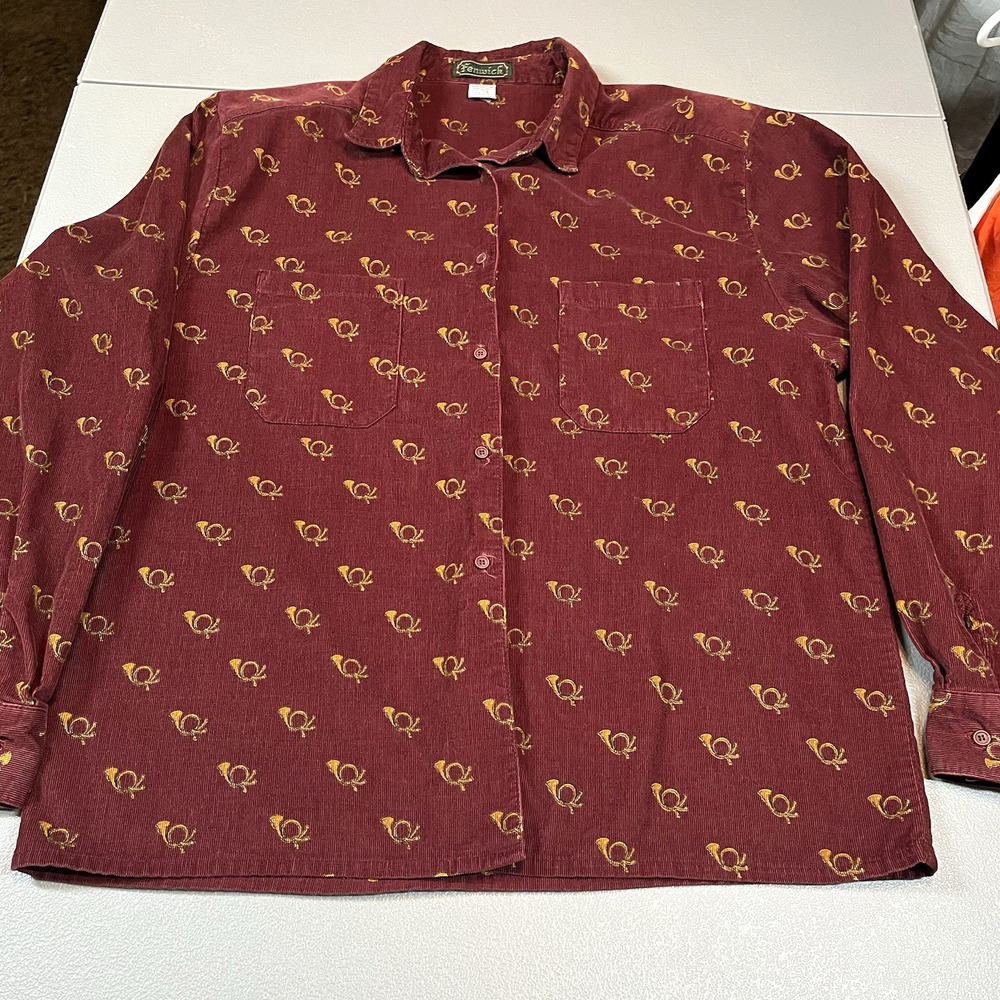 Vtg Fenwick Corduroy French Horn All Over Print Button Up Sz 16 Music Christmas